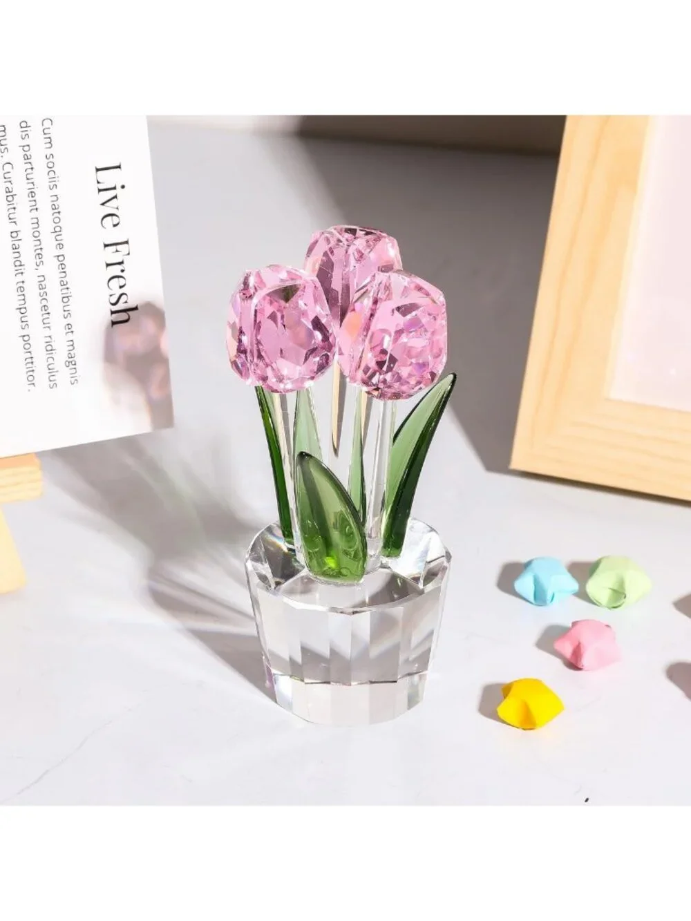 Elegant Pink Crystal Tulip Figurine with Vase - Collectible Glass Flower Decor